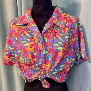 Multicolor Floral SZXL Short Sleeve Button Up Top VINTAGE 90s Retro Pink Purple